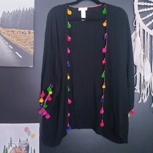 COLLECTION Eighteen Black Multicolor Party Pom Pom Trim Kimono O/S 100% Rayon